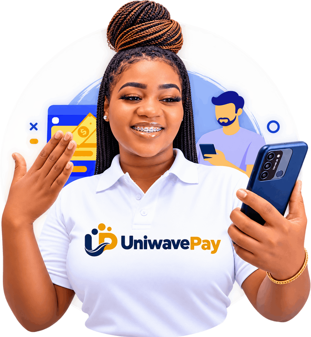 A smiling UniwavePay customer holding her phone